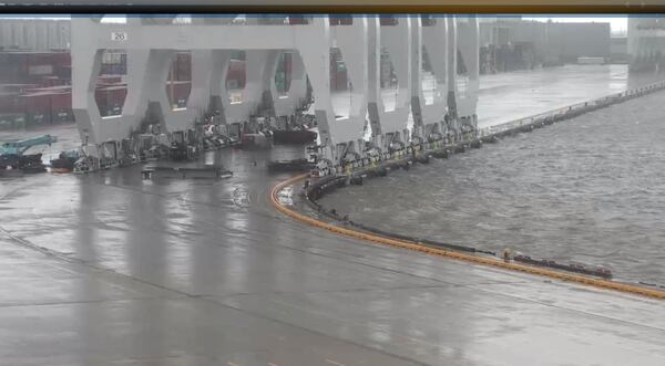 Tropical Storm Irma caused the Savannah River to swell, sending water up to the edge of the Garden City Terminal docks and cranes on Monday, September 11, 2017. Photo provided by the Georgia Ports Authority.