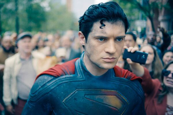This image released by Warner Bros.Pictures shows David Corenswet in a scene from "Superman." (Warner Bros. Pictures via AP)