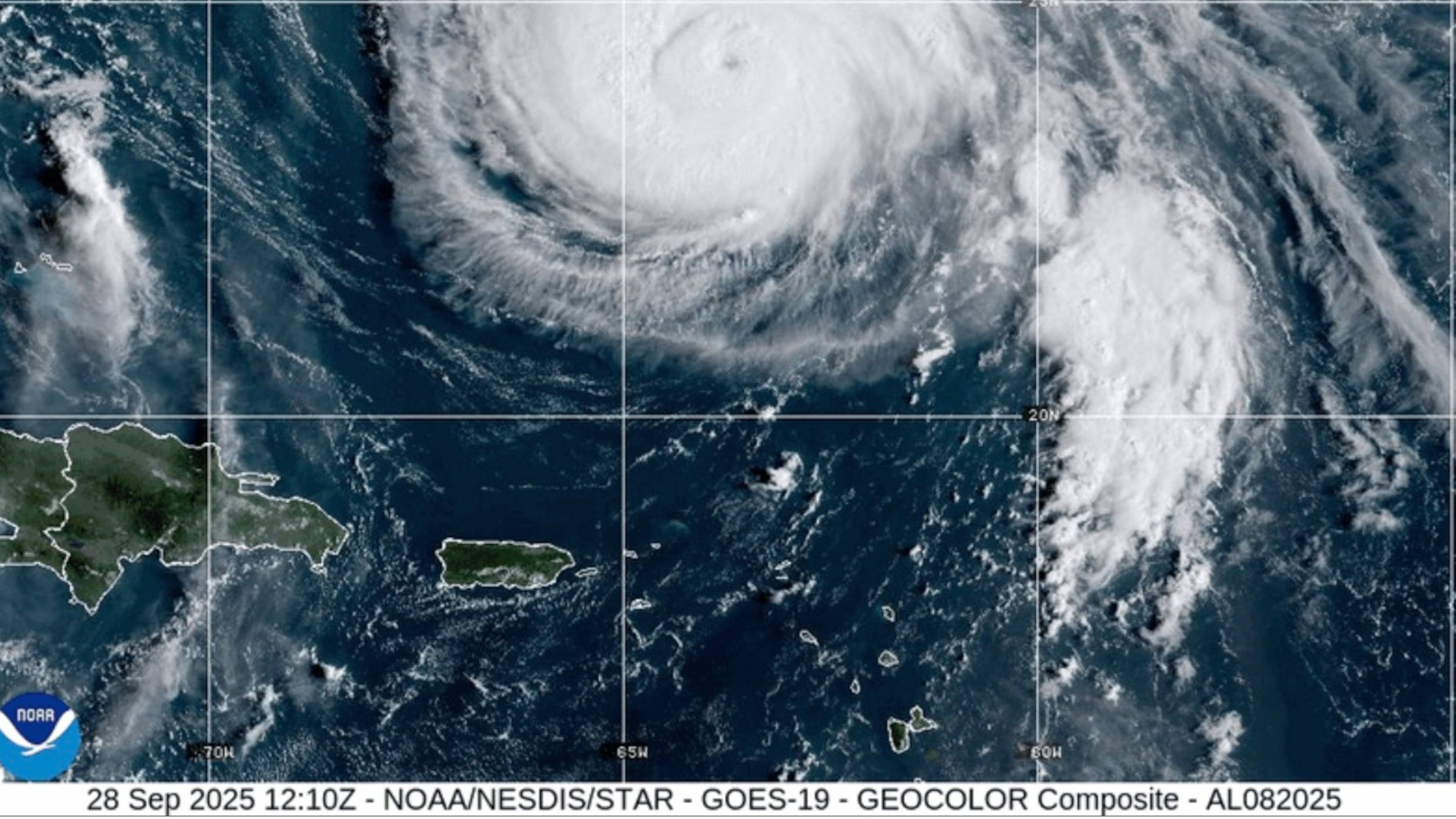 This satellite image provided by NOAA shows Hurricane Humberto on Sunday, Sept. 28, 2025. (NOAA via AP)