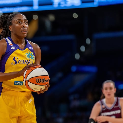 FILE - Los Angeles Sparks forward Nneka Ogwumike shoots a free-throw against the Toronto Tempo during a WNBA basketball game in Los Angeles, May 15, 2026. (AP Photo/Jeff Lewis, File)