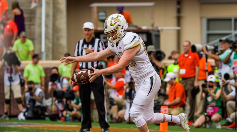 Georgia Tech punter David Shanahan punts out of the end zone at Clemson's Memorial Stadium on September 18, 2021. (Danny Karnik/Georgia Tech Athletics)