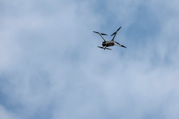 A drone demonstration is shown at the Fulton County Jail in March. (Jason Getz/AJC)