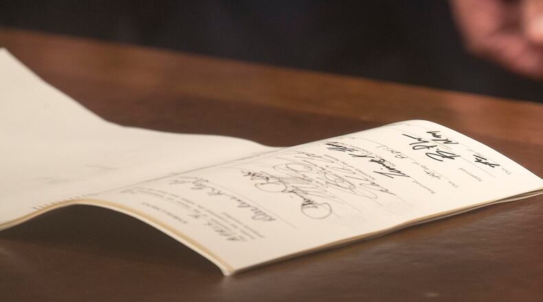 05/07/2019 -- Atlanta, Georgia -- The signed "heartbeat bill", HB 481, is displayed on Gov. Brian Kemp's desk following a press conference in his office at the Georgia State Capitol building in Atlanta, Tuesday, May 7, 2019. (ALYSSA POINTER/ALYSSA.POINTER@AJC.COM)