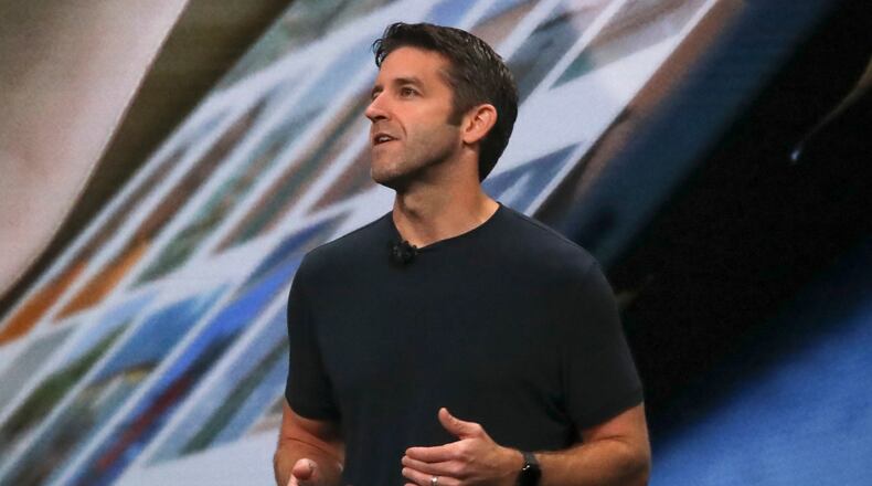 FILE - John Ternus, Apple's V.P. of Hardware Engineering, discusses the latest development for the iPad Pro during an event to announce new products Oct. 30, 2018, in the Brooklyn borough of New York. (AP Photo/Bebeto Matthews, File)