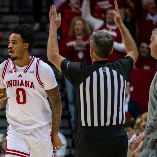 Indiana guard Jasai Miles (0) reacts after scoring during the first half of an NCAA college basketball game against Purdue, Tuesday, Jan. 27, 2026, in Bloomington, Ind. (AP Photo/Doug McSchooler)