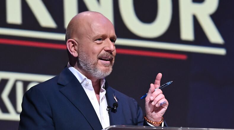 FILE - Steve Hilton speaks during the California gubernatorial candidate debate, Feb. 3, 2026, in San Francisco. (AP Photo/Laure Andrillon, File)
