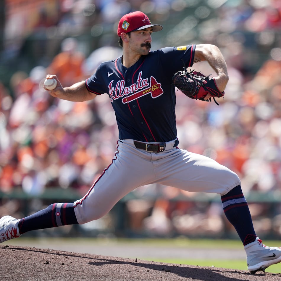 Atlanta Braves' Spencer Strider pitches during the first inning of a spring training baseball game against the Baltimore Orioles, Saturday, Feb. 28, 2026, in Sarasota. (AP Photo/Matt Slocum)