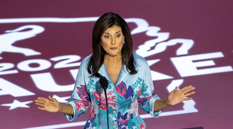 Former U.N. Ambassador Nikki Haley, who clashed with Donald Trump during the primaries, spoke in favor of the former president's return to the White House during a speech Tuesday at the Republican National Convention. “You don’t have to agree with Donald Trump 100% of the time to vote for him,"  Haley said. "Take it from me. I haven’t always agreed with President Trump. But we agree more often than we disagree.” (Arvin Temkar / AJC)