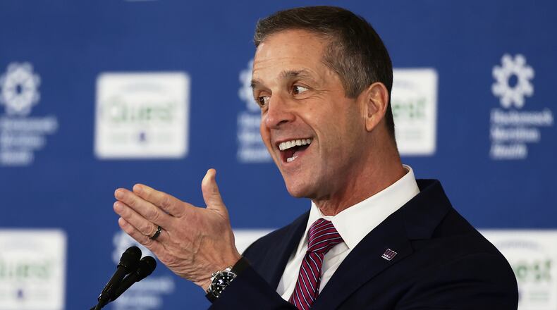 New York Giants head coach John Harbaugh speaks to the media after being introduced during a news conference at the teams NFL football training facility Tuesday, Jan. 20, 2026, in East Rutherford, N.J. (AP Photo/Adam Hunger)