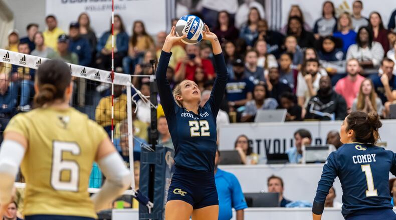Georgia Tech setter Matti McKissock, here in a match against N.C. State on November 17, 2019, at O'Keefe Gymnasium, was named the ACC's setter of the year and first-team All-ACC on December 2, 2019. (Danny Karnik/Georgia Tech Athletics)