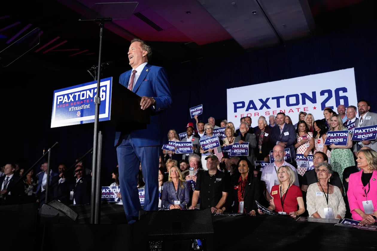 Texas Attorney General Ken Paxton, a Republican candidate for the U.S. Senate, speaks during a primary runoff election night event after winning the Republican party's nomination Tuesday, May 26, 2026, in Plano, Texas. (Tony Gutierrez/AP)