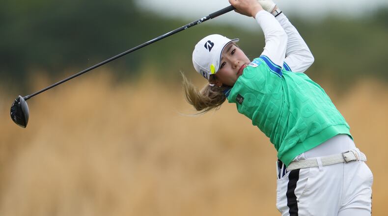 Shiho Kuwaki, of Japan, drives off the 3rd tee during the fourth round of the Women's British Open golf championship in Lytham St Annes, England, Sunday, Aug. 2, 2026. (AP Photo/Jon Super)