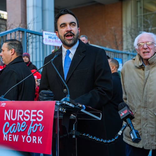 Mayor Zohran Mamdani and Senator Bernie Sanders (I-VT), speak in front of members of the New York State Nurses Association union during a picket outside Mount Sinai West Hospital, Tuesday, Jan. 20, 2026, in New York. (AP Photo/Ryan Murphy)