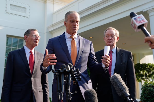 Senate Majority Leader John Thune, R-S.D.,, flanked by Sen. John Barrasso, R-Wyo., left, and Sen. Mike Crapo, R-Idaho, speak with reporters after meeting with President Donald Trump at the White House, Wednesday, June 4, 2025, in Washington. (AP Photo/Alex Brandon)