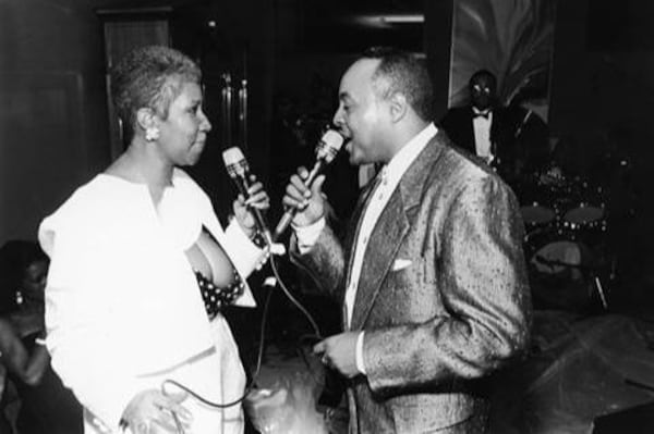 Aretha Franklin and Peabo Bryson sing a duet at her birthday celebration in Detroit  circa 1989. Photo: Ebony/Jet
