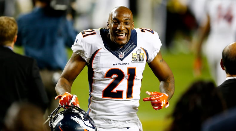 SANTA CLARA, CA - FEBRUARY 07: Aqib Talib #21 of the Denver Broncos celebrates after defeating the Carolina Panthers during Super Bowl 50 at Levi's Stadium on February 7, 2016 in Santa Clara, California. The Broncos defeated the Panthers 24-10. (Photo by Al Bello/Getty Images)