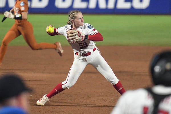 Texas Tech infielder Bailey Lindemuth throws to first during the second game of the NCAA softball Women's College World Series finals against Texas in Oklahoma City, Thursday, June 5, 2025. (AP Photo/Kyle Phillips)