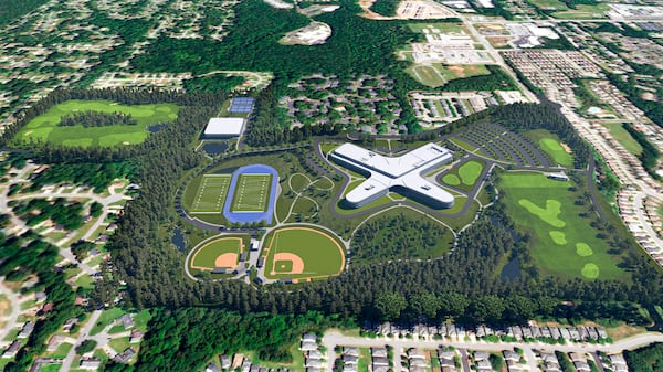 An aerial-view rendering of the new North Clayton High School campus. (Courtesy of Clayton County Board of Education)