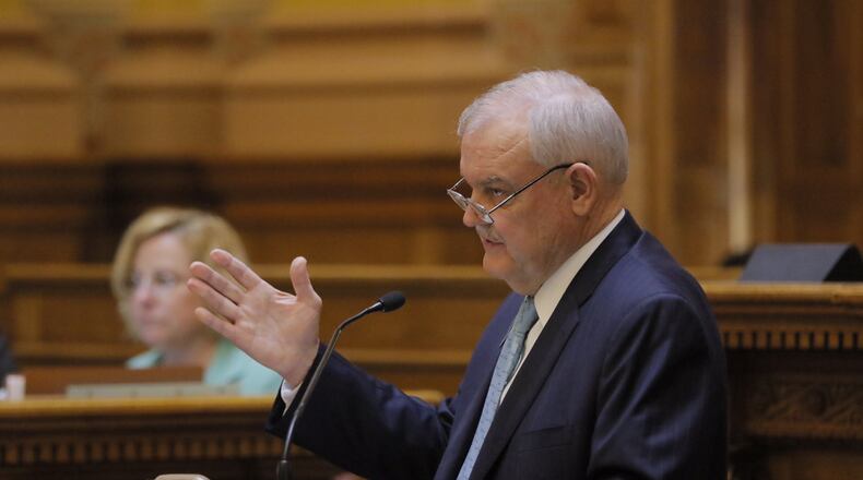 ATLANTA March 24, 2017 -- Sen. Lindsey Tippins, R-Marietta, presents House Bill 338 on the Senate floor Friday.