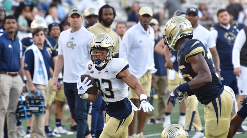 Georgia Tech running back Daylon Gordon runs with the ball during the spring game on March 17, 2022. Georgia Tech coach Brent Key will wrap up his first spring practice with a spring game April 15, ESPN announced Monday. It will be the Yellow Jackets’ first spring game on a Saturday since 2011. (Hyosub Shin file photo / Hyosub.Shin@ajc.com)