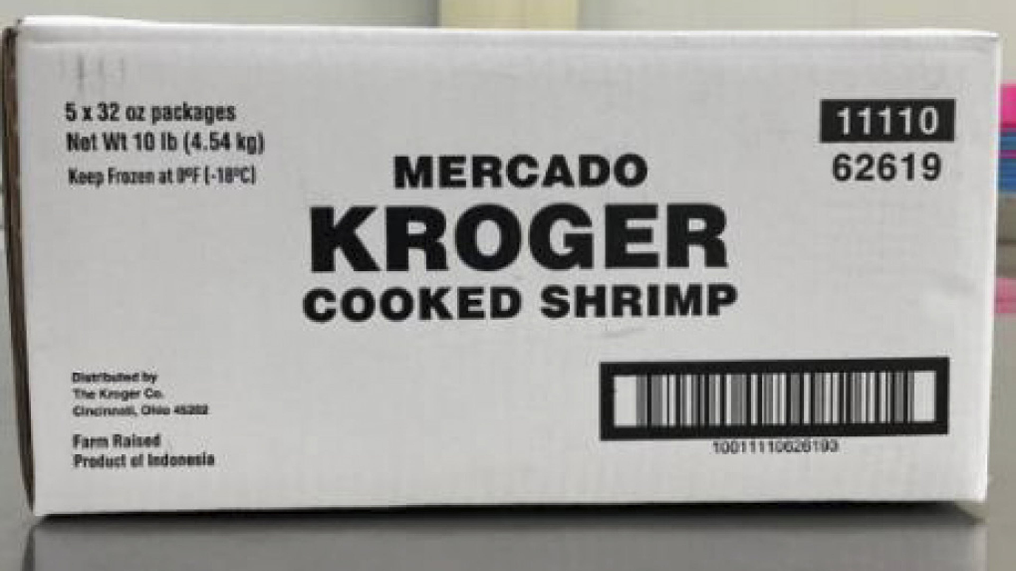 This undated photo released by the U.S. Food and Drug Administration, FDA, shows a product label for Kroger Mercado Cooked Medium Peeled Tail-Off Shrimp. (FDA via AP)
