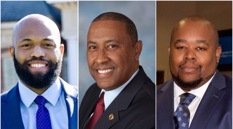 Kirkland Carden (left) intends to run for the Gwinnett Commission District 1 seat in 2020. Jasper Watkins (center) and Derrick Wilson (right) both intend to run for the District 3 seat. All are Democrats. SPECIAL PHOTOS