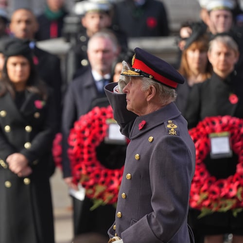 Britain's King Charles III salutes as he attends the Remembrance Sunday Service at the Cenotaph in London, Sunday, Nov. 9, 2025.(AP Photo/Alastair Grant, Pool)