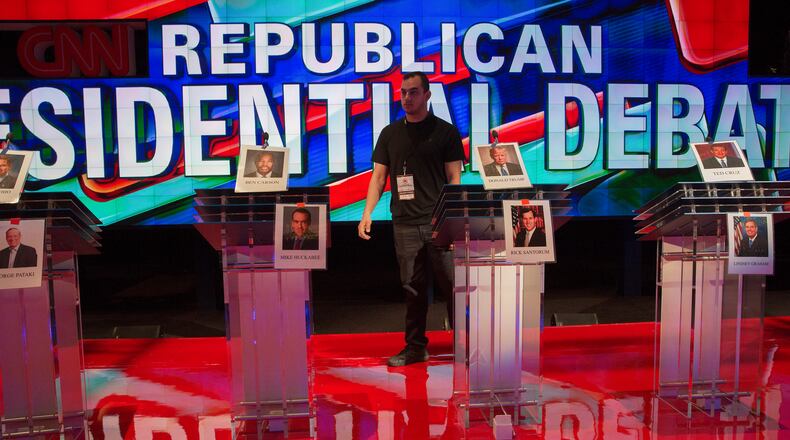 Lecterns are marked for candidates taking part in both of Tuesday's Republican presidential debates at the Venetian Theater in Las Vegas, Dec. 14, 2015. (Ruth Fremson/The New York Times)