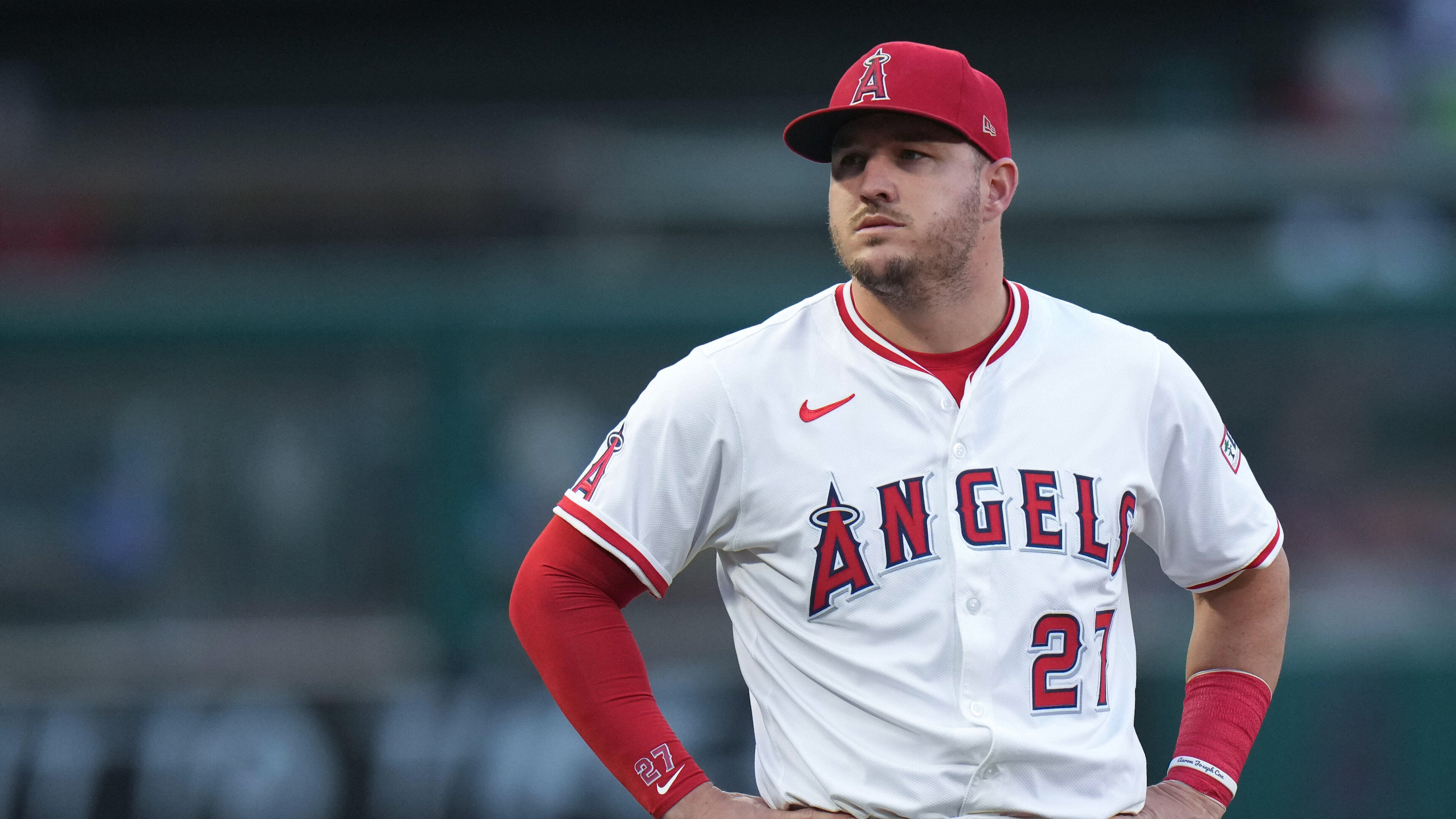 FILE - Los Angeles Angels' Mike Trout stands on the field before a baseball game against the Houston Astros, Sept. 27, 2025, in Anaheim, Calif. (AP Photo/Jae C. Hong, File)