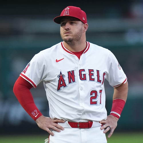 FILE - Los Angeles Angels' Mike Trout stands on the field before a baseball game against the Houston Astros, Sept. 27, 2025, in Anaheim, Calif. (AP Photo/Jae C. Hong, File)