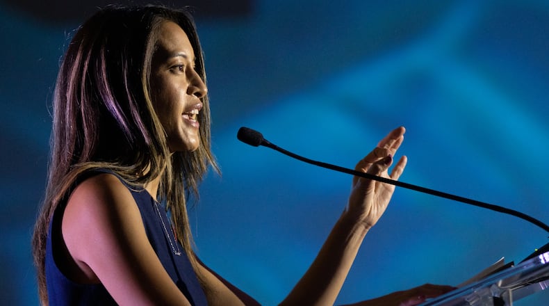 Bee Nguyen, running for Secretary of State, speaks at the Democratic Party of Georgia’s State Convention in Columbus, Georgia, Saturday, August 27, 2022. Schaefer/steve.schaefer@ajc.com)