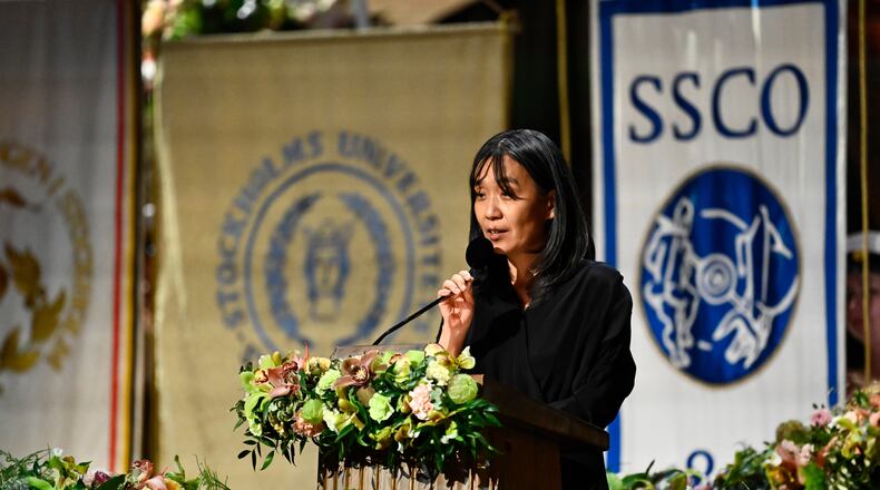 FILE - Nobel laureate in literature Han Kang speaks during the Nobel Banquet in City Hall in Stockholm, Dec. 10, 2024. (Christine Olsson/TT News Agency via AP, File)WLD