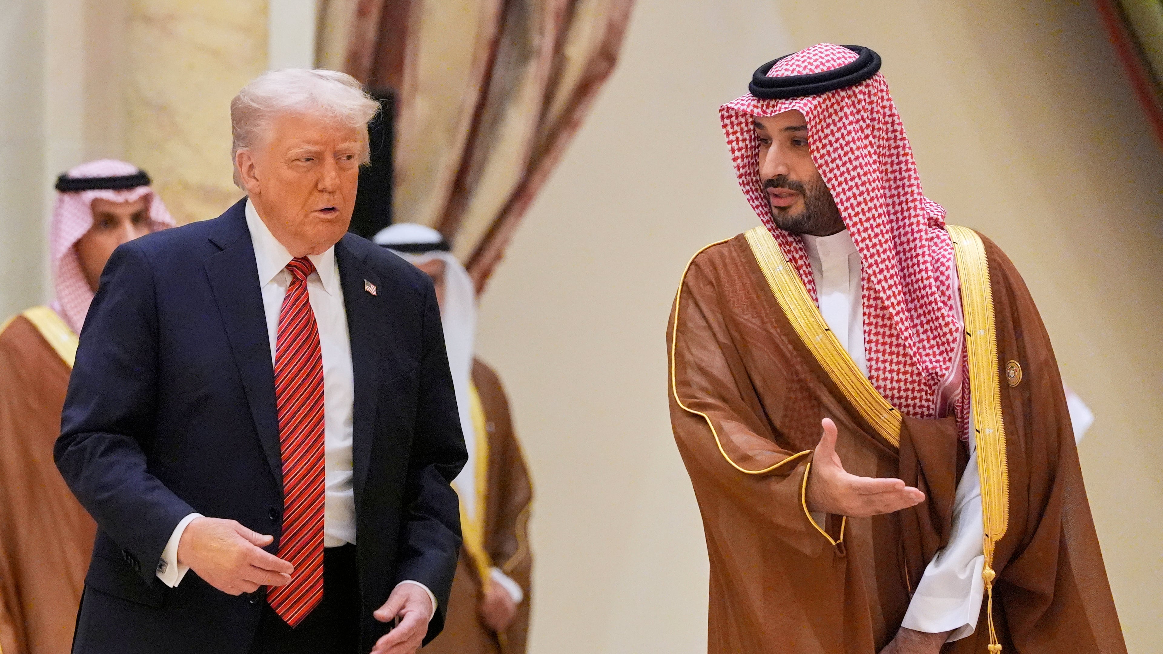 FILE - President Donald Trump arrives with Saudi Crown Prince Mohammed bin Salman for the group photo with Gulf Cooperation Council leaders during the GCC Summit in Riyadh, Saudi Arabia, May 14, 2025. (AP Photo/Alex Brandon, File)