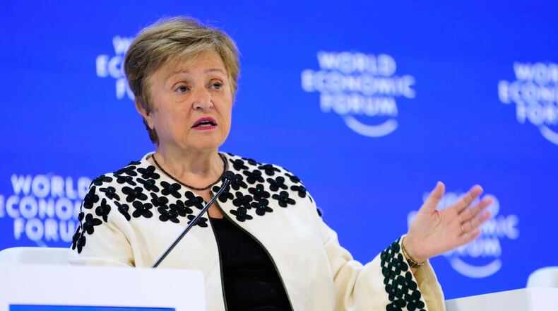 Kristalina Georgieva, Managing Director of the International Monetary Fund, attends the Annual Meeting of the World Economic Forum in Davos, Switzerland, Friday, Jan. 23, 2026. (AP Photo/Markus Schreiber)