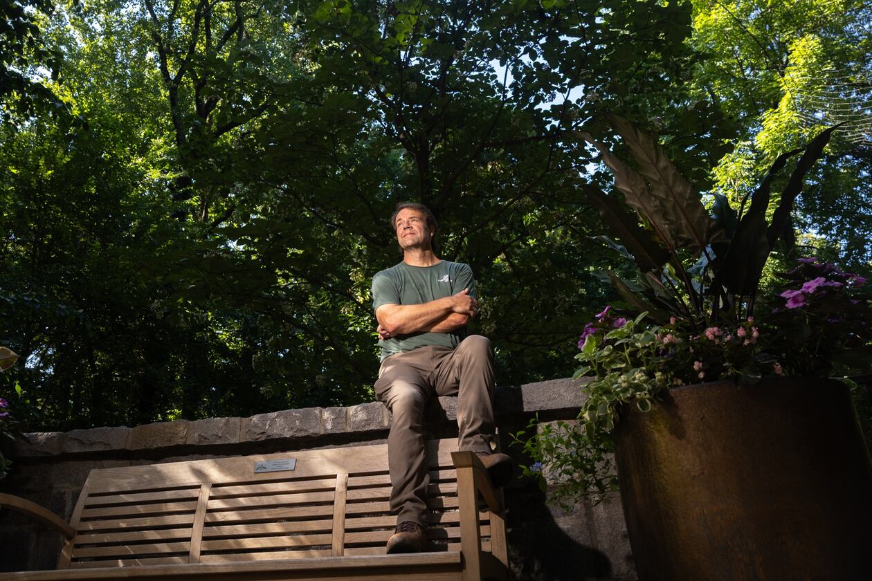 Scott McMahan, vice president of horticulture and collections, sits in front of a rare Chinese emmenopterys henryi tree at Atlanta Botanical Garden. (Arvin Temkar/AJC)