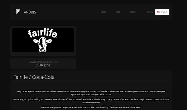 A screenshot from a website posted by the group Anubis, claiming responsibility for the ransomware attack on Coca-Cola's dairy brand Fairlife. This was captured Tuesday, July 21, 2026.