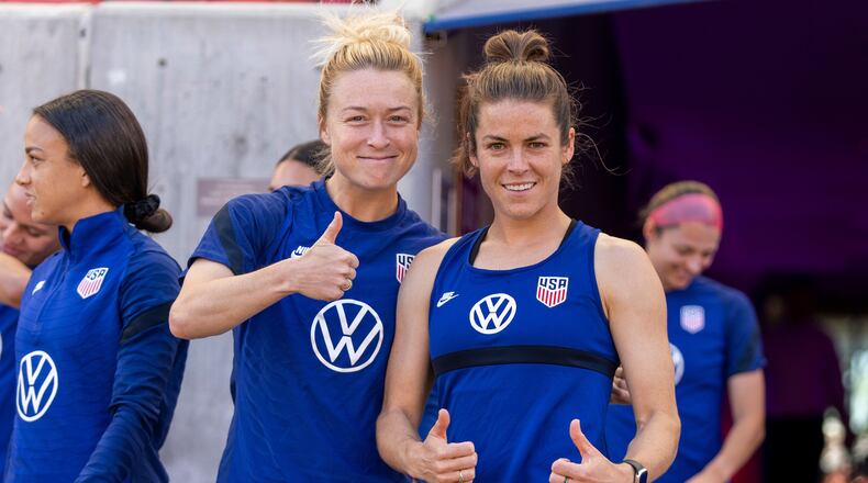 U.S. World Cup team members Emily Sonnett (left) and Kelley O'Hara offer their approval prior to a training session on June 27, 2022 in Sandy, Utah. (Brad Smit/U.S. Soccer/ISI Photos)