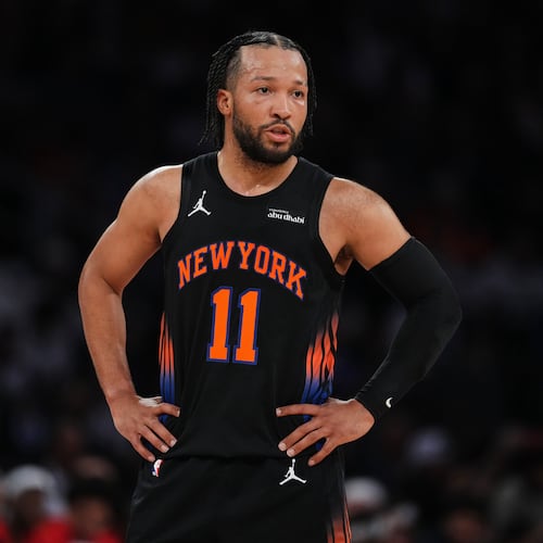 New York Knicks' Jalen Brunson (11) talks to a teammate during the first half in Game 5 of a first-round NBA playoffs basketball series against the Atlanta Hawks, Tuesday, April 28, 2026, in New York. (AP Photo/Frank Franklin II)