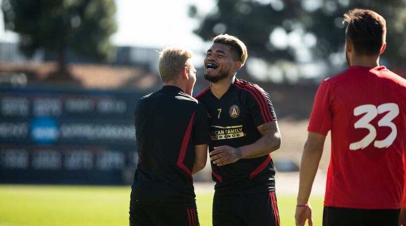 Atlanta United's Josef Martinez smiles after scoring the third of his four goals on Wednesday in a 6-1 win against Tijuana in Fullerton, Calif. (Atlanta United)