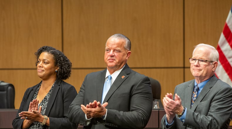 The Cobb County School Board including member Charisse Davis, from left, Superintendent Chris Ragsdale and chair David Chastain at the monthly meeting Thursday, June 9, 2022. (Jenni Girtman for The Atlanta Journal-Constitution)
