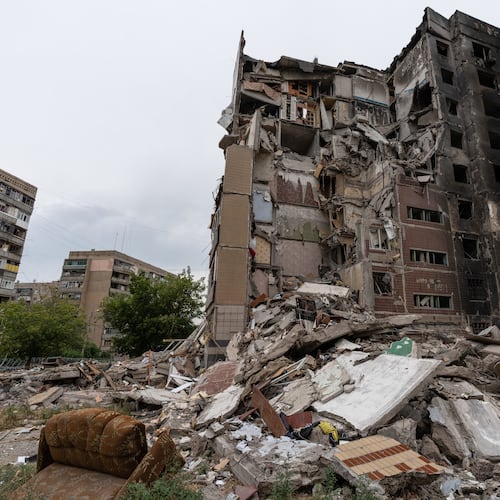 This photo provided by Ukraine's 93rd Kholodnyi Yar Separate Mechanized Brigade press service and taken Saturday, July 25, 2026, shows the damaged center of the frontline town of Druzhkivka, Donetsk region, Ukraine. (Iryna Rybakova/Ukraine's 93rd Mechanized Brigade via AP)