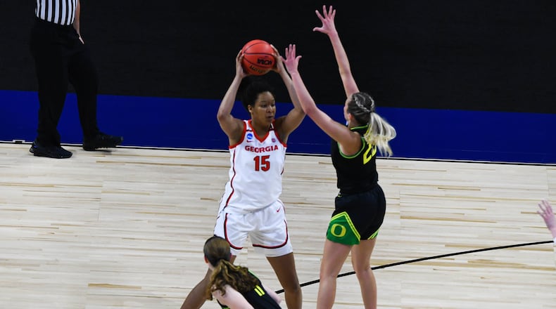 Georgia Lady Bulldogs center Maori Davenport (15) during the second round of the women's NCAA Tournament against Oregon at the Alamodome in San Antonio on Wednesday, March 24, 2021. (Photo by Charlie Blalock)