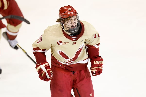 FILE - Boston College forward James Hagens (10) reacts after scoring a goal during the third period of an NCAA hockey regionals game against Bentley on March 28, 2025, in Manchester, N.H. (AP Photo/Greg M. Cooper, file)