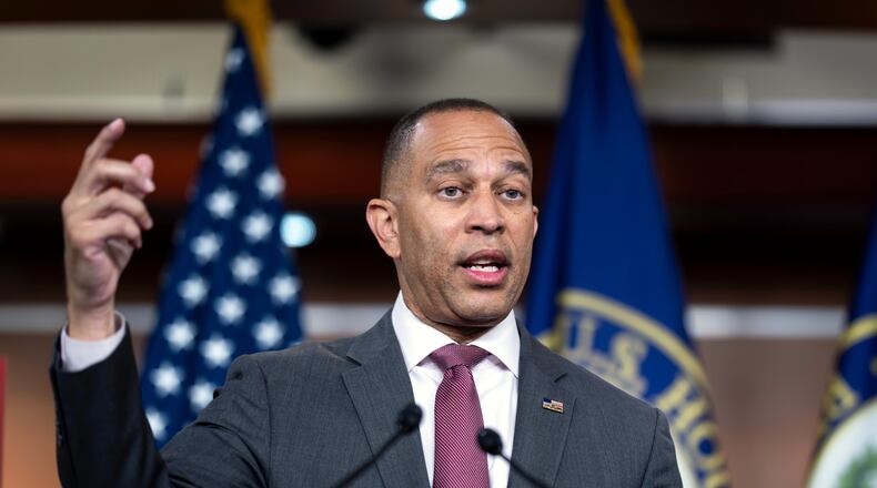 House Minority Leader Hakeem Jeffries, D-N.Y., speaks to reporters ahead of an address by President Donald Trump, Thursday, July 16, 2026, at the Capitol in Washington. (AP Photo/J. Scott Applewhite)