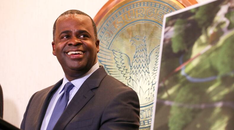 12/29/2017 -- Atlanta, GA, - Atlanta mayor Kasim Reed jokes during his final press conference as mayor at Atlanta City Hall, Friday, December 29, 2017. In addition to unveiling last minute decisions that he oversaw during his time as mayor of Atlanta, Kasim Reed also celebrated with food and a live dj in the auditorium of the building.  ALYSSA POINTER/ALYSSA.POINTER@AJC.COM