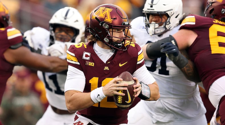 Minnesota quarterback Max Brosmer (16) looks to pass against Penn State in the second quarter at Huntington Bank Stadium on Saturday, Nov. 23, 2024, in Minneapolis. (David Berding/Getty Images/TNS)