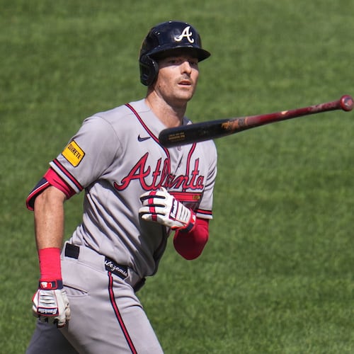 Atlanta Braves' Mike Yastrzemski tosses his bat as he runs down the first base line after hitting a grand slam off Pittsburgh Pirates pitcher Dennis Santana during the ninth inning of a baseball game in Pittsburgh, Thursday, July 9, 2026. (AP Photo/Gene J. Puskar)