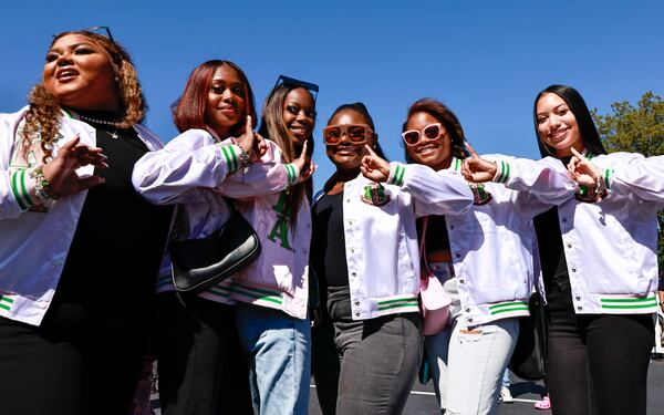 Clark Atlanta University Alpha Pi chapter of Alpha Kappa Alpha Sorority Inc. pose for a photo during a homecoming pep rally on Friday, October 14, 2022. (Natrice Miller/natrice.miller@ajc.com)  