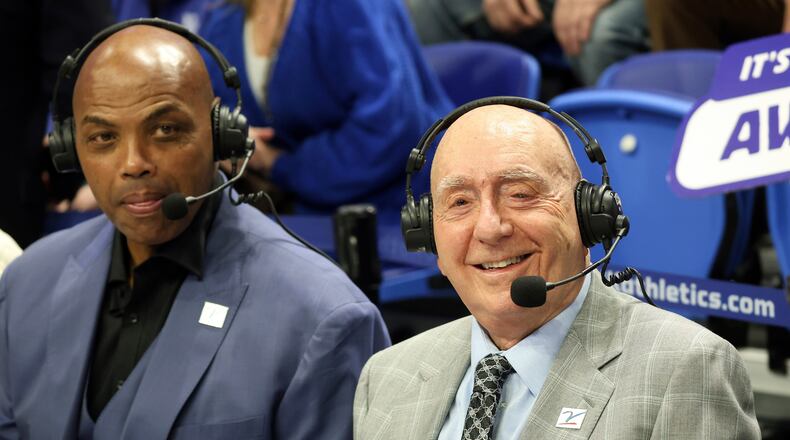 FILE - Charles Barkley, left, and Dick Vitale prepare for their broadcast before an NCAA college basketball game between Kentucky and Indiana in Lexington, Ky., Dec. 13, 2025. (AP Photo/James Crisp, file)
