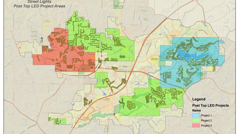 Georgia Power contractors will split into three zones the conversion of street lights to energy-efficient LEDs in Alpharetta. Work on pedestrian fixtures will begin in Zone 2, then proceed to Zones 1 and 3. When these conversions are completed, crews will move on to converting larger street lights. CITY OF ALPHARETTA